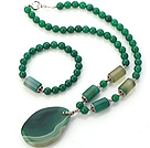 Wholesale Fashion Round And Cylinder Shape Green Agate Beaded Pendant Necklace And Stretch Bracelet Sets