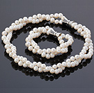 Fashion 9-10mm Double Strands Twisted White Freshwater Pearl Beaded Sets With Magnetic Clasps (Necklace With Matched Bracelet)