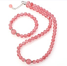 Wholesale Fashion Round Pure Cherry Quartz Beaded Necklace With Matched Elastic Bracelet Jewelry Set