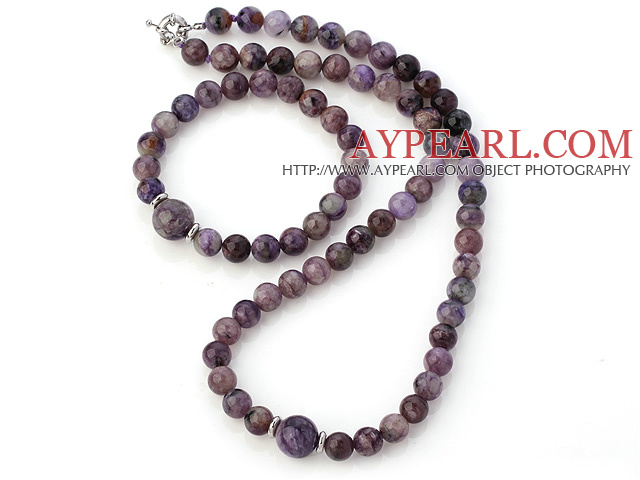 Fashion Round Charoite Beaded Necklace With Matched Elastic Bracelet Jewelry Set