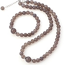 Nice Round A Grade Gray Agate Beaded Necklace With Matched Elastic Bracelet Jewelry Set