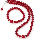 Fashion Natural Round Rose Agate Beaded Necklace With Matched Elastic Bracelet Jewelry Set