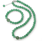 Fashion Natural Round Aventurine Beaded Necklace With Matched Elastic Bracelet Jewelry Set