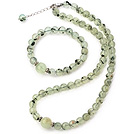 Nice Natural Round Prehnite Beaded Necklace With Matched Elastic Bracelet Jewelry Set