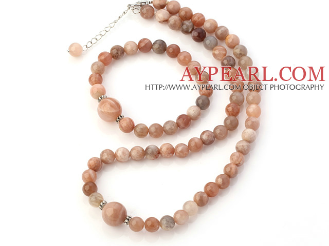 Nice Natural Round Moonstone Beaded Necklace With Matched Elastic Bracelet Jewelry Set