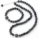 Fashion Natural Round Snowflake Stone Beaded Necklace With Matched Elastic Bracelet Jewelry Set