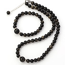 Fashion Natural Round Obsidian Stone Beaded Necklace With Matched Elastic Bracelet Jewelry Set