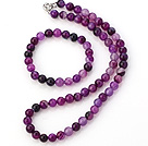 Fashion Natural 8mm Round Purple Banded Agate Beads Necklace With Matched Elastic Bracelet Jewelry Set