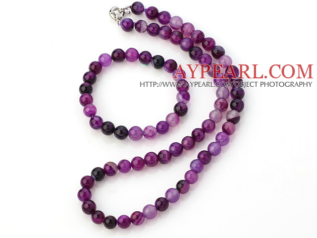 Fashion Natural 8mm Round Purple Banded Agate Beads Necklace With Matched Elastic Bracelet Jewelry Set