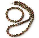 Pretty Natural 8mm Round Green Piebald Stone Beaded Necklace With Matched Elastic Bracelet Jewelry Set