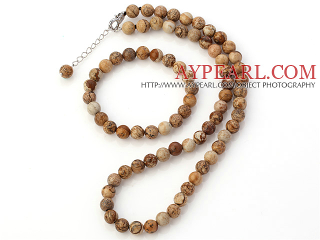 Pretty Natural 8mm Round Picture Jasper Beaded Necklace With Matched Elastic Bracelet Jewelry Set