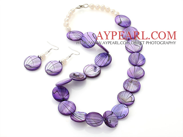 Fashion White Freshwater Pearl And Purple Round Disc Painted Shell Sets (Necklace With Matched Earrings)