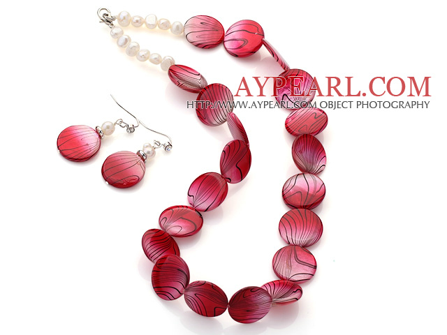 Fashion White Freshwater Pearl And Red Round Disc Painted Shell Sets (Necklace With Matched Earrings)