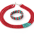 Wonderful Multi Strands Round Red Coral And Green Turquoise Sets (Necklace With Stretchy Bracelet)