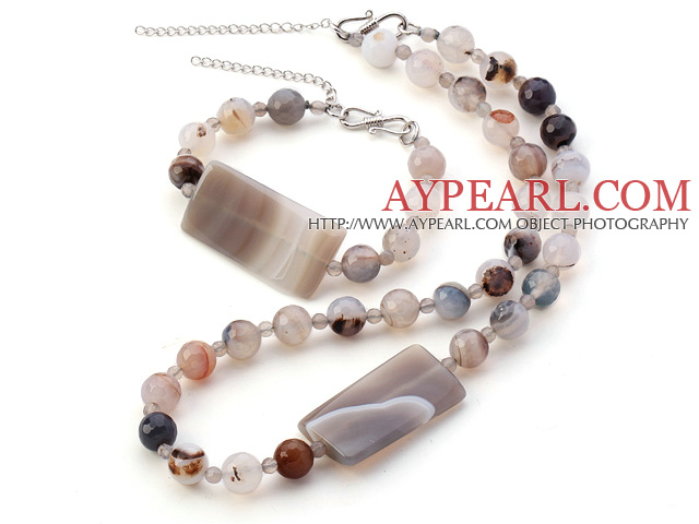 Fashion Round And Rectangle Gray Agate Sets With S Clasp (Necklace With Matched Bracelet)