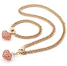 Fashion Golden Loop Metal Chain And Rose Gold Heart Pendant Sets (Necklace With Matched Bracelet)