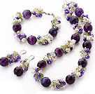 Popular Cluster Freshwater Pearl Crystal Olive Chips And Round Faceted Purple Agate Sets (Necklace Bracelet With Matched Earrings)