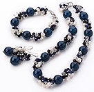 Popular Cluster Freshwater Pearl Crystal Lapis Chips And Round Blue Agate Sets (Necklace Bracelet With Matched Earrings)