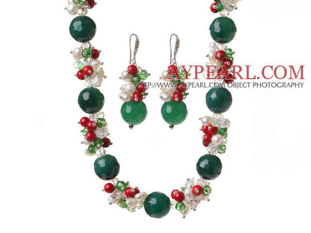 Popular Cluster Freshwater Pearl Crystal Bloodstone And Round Faceted Green Agate Sets (Necklace Bracelet With Matched Earrings)