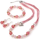 Wholesale Fashion White Freshwater Pearl And Faceted Rose Cherry Quartz Sets (Necklace Bracelet With Matched Earrings)