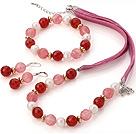 Wholesale Fashion White Freshwater Pearl And Faceted Red Agate Cherry Quartz Sets (Necklace Bracelet With Matched Earrings)