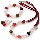 Fashion White Freshwater Pearl And Round Rose Quartz Rose Agate Sets (Necklace Bracelet With Matched Earrings)