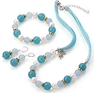 Fashion White Freshwater Pearl And Round Sponge Aquarmarine Sets (Necklace Bracelet With Matched Earrings)