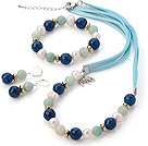 Wholesale Fashion White Freshwater Pearl And Faceted Round Blue Agate And Amazon Sets (Necklace Bracelet With Matched Earrings)