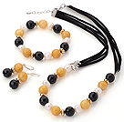 Fashion White Freshwater Pearl Round Yellow Jade And Faceted Black Agate Sets (Necklace Bracelet With Matched Earrings)