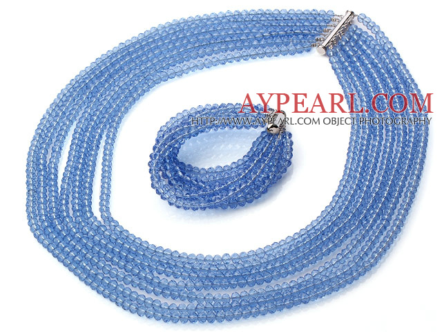 Beautiful Multi Strands Manmade Light Blue Crystal Necklace Bracelet Sets With Magnetic Clasp