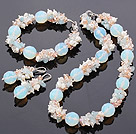 Fashion Freshwater Pearl Crystal Aquamarine And Opal Gemstone Sets (Necklace Bracelet With Matched Earrings)