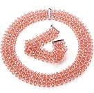 Wholesale Popular Multi Strands Handmade Pink Crystal Sets (Netted Necklace With Matched Bracelet)