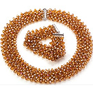 Wholesale Popular Multi Strands Handmade Champagne Crystal Sets (Netted Necklace With Matched Bracelet)