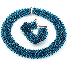 Popular Multi Strands Handmade Deep Blue Crystal Sets (Netted Necklace With Matched Bracelet)