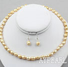 8-9mm Golden Champagne Baroque Pearl Set ( Necklace and Matched Earrings )