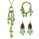 Drop Shape Green Jade Set ( Necklace Bracelet and Matched Earrings )