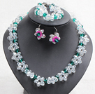 Fancy Style White Green Color Crystal Flower Jewelry Set (Necklace With Mathced Bracelet And Earrings)