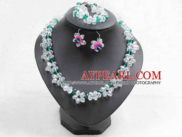 Fancy Style White Green Color Crystal Flower Jewelry Set (Necklace With Mathced Bracelet And Earrings)