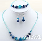 Simple Style Round Blue Agate Set ( Necklace Bracelet and Matched Earrings )