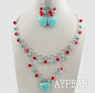 Assorted Red Coral and Heart Shape Turquoise Set with Metal Chain ( Necklace and Matched Earrings )