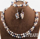 Double Rows Three Color Freshwater Pearl Set ( Necklace Bracelet and Matched Earrings )