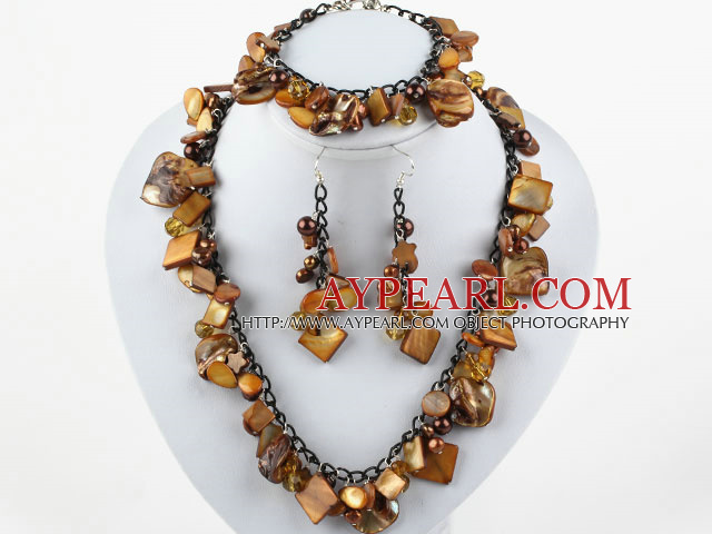 Brown Series Brown Pearl Shell Set ( Necklace Bracelet and Matched Earrings )