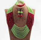 Charming 10 Layers Red & Green Crystal Beads Costume African Wedding Jewelry Set (Necklace With Mathced Bracelet And Earrings)
