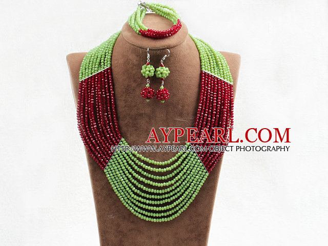 Charming 10 Layers Red & Green Crystal Beads Costume African Wedding Jewelry Set (Necklace With Mathced Bracelet And Earrings)