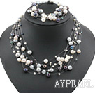 Natural White and Gray and Black Freshwater Pearl Set ( Necklace and Matched Bracelet )