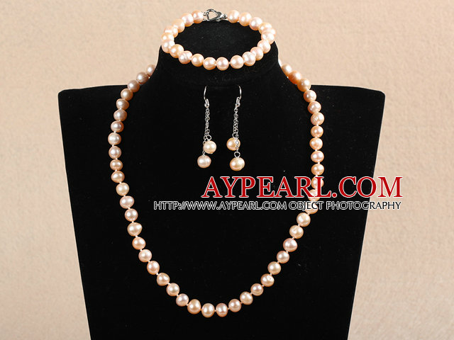 Fashion Mother Gift 8-9mm Natural Pink Freshwater Pearl Jewelry Set (Necklace, Bracelet & Earrings)