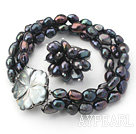 8-9mm Black Baroque Freshwater Pearl Set with Shell Flower Clasp ( Strands Bracelet and Ring)