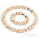 Wholesale Gray and Baby Pink Series Gray Jade Tube Shape Woven Set ( Necklace and Matched Bracelet)