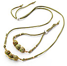 Green Series Wire Wrapped Imperial Jasper Pea Pendant Set with Green Leather ( Necklace and Matched Bracelet)