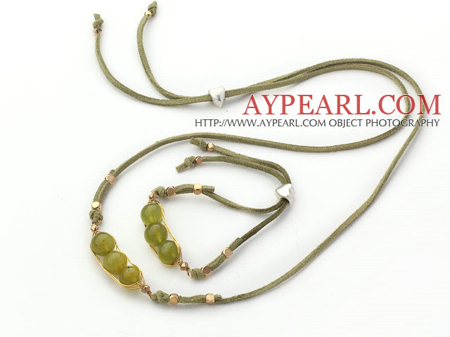 Yellow Green Series Wire Wrapped South Koread Jade Pea Pendant Set with Green Leather ( Necklace and Matched Bracelet)